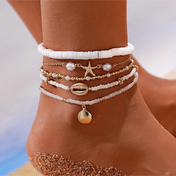 Gift-Ready 5 Pairs Adjustable Boho Anklet Set - Handmade Beach Foot Jewelry - Picture 2 of 7